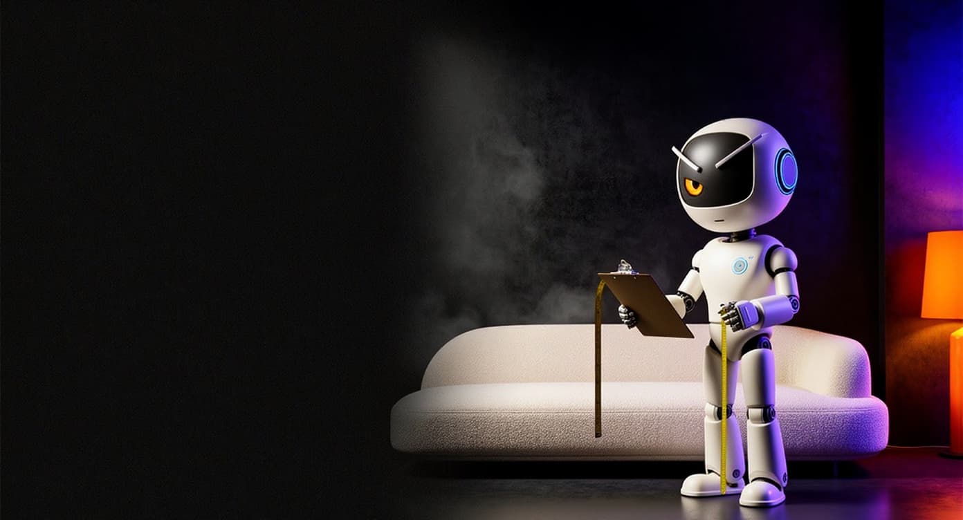 RoomRoast's one-eyed robot interior critic holding a clipboard and measuring tape